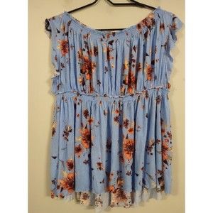 WE THE FREE Women's Short Sleeve Blue Floral Off The Shoulder boho Top Size S